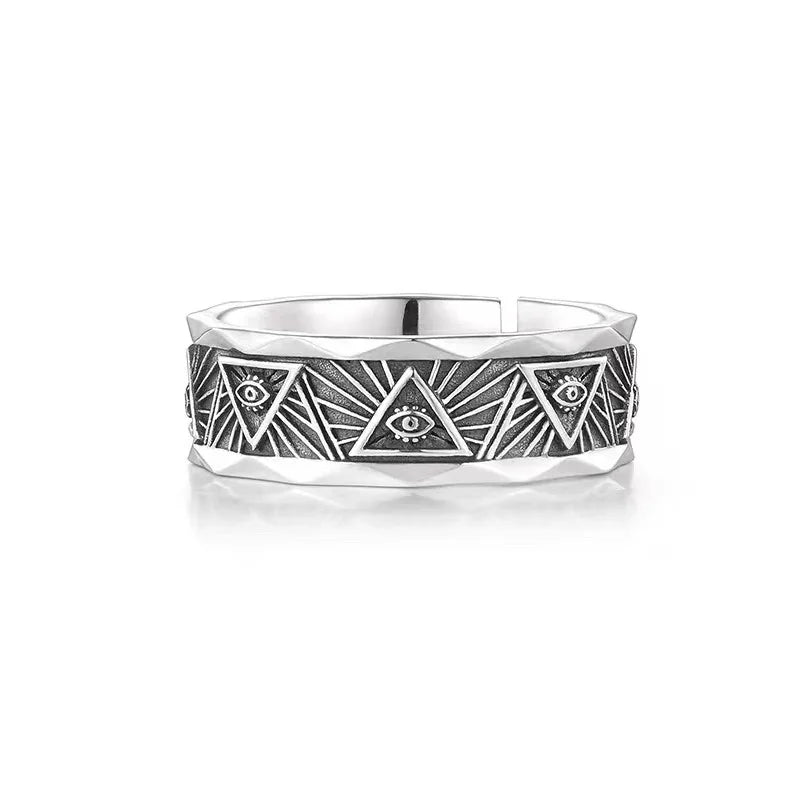 Dark Engraved Symbol Adjustable Open Ring — Stainless Steel