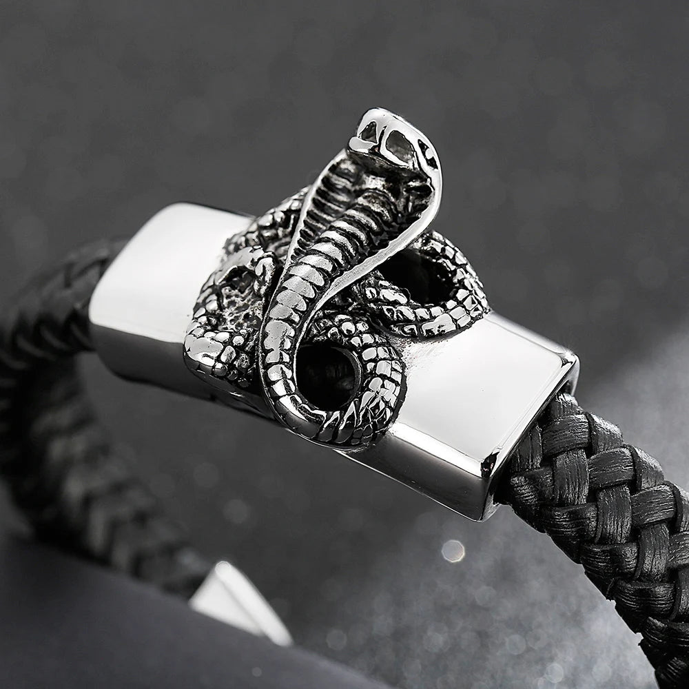 Punk Gothic Men's Snake Head Body Bracelet Man Distressed 316L Stainless Steel & Leather Wrap Bracelet for Men Animal