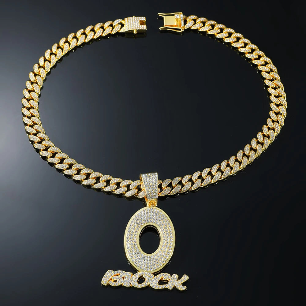 Trendy Hip Hop Letter Charm Letter O Block Pendant Necklace For Women Men Bling Iced Out Cuban Chain Necklaces Charm