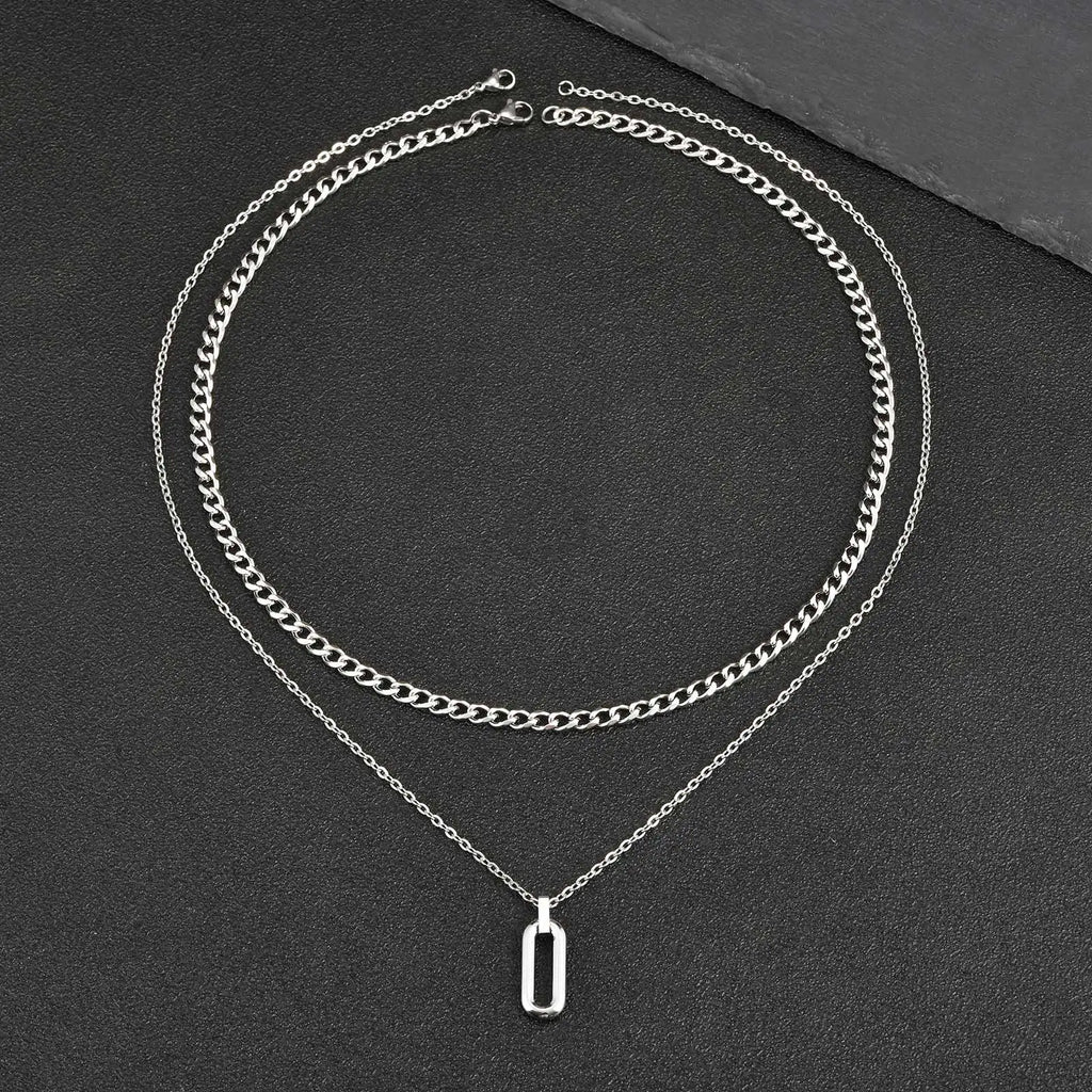 Stylish Geometry Layering Necklaces for Men Women,Silver Color Stainless Steel Rectangle Pendant Neacklace,Birthday