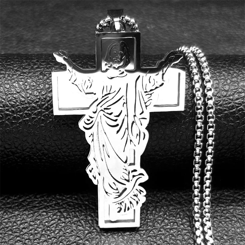 Christian Jesus Crucifix Cross Pendant Necklace — Stainless Steel