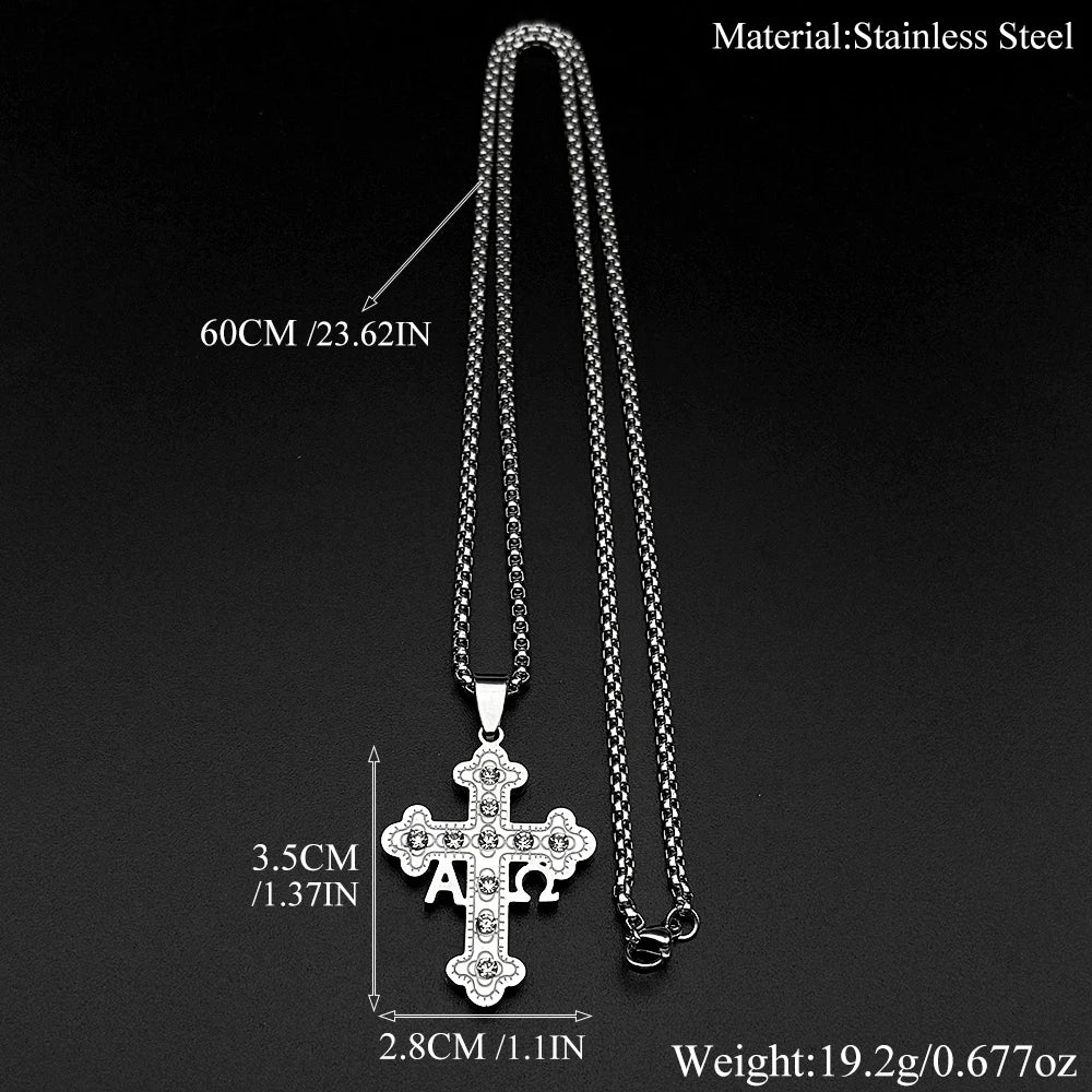 Orthodox Alpha Omega Cross Necklace Men Women Stainless Steel Gold Color Crystal Byzantine Chain Religious Faith