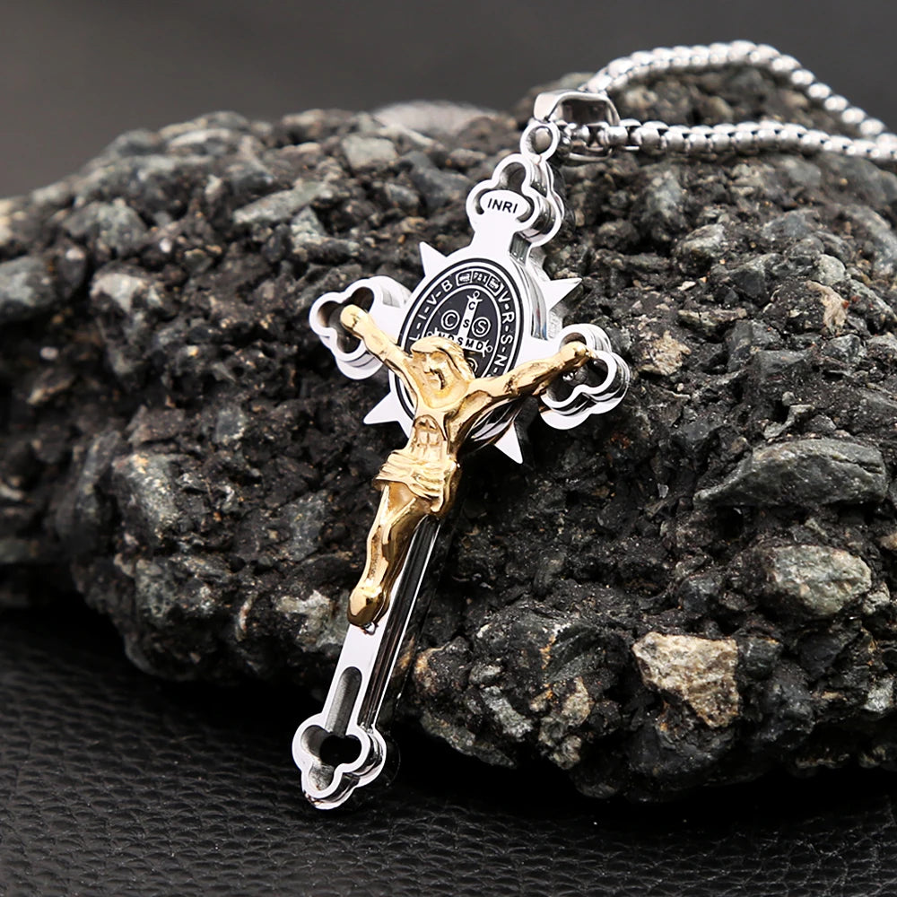 Vintage Christian Jesus Cross Pendant Necklace Men's Stainless Steel Religious Jesus Necklaces Prayer Baptism Jewelry