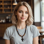 New Cool Rosary Cross Black Round Beads Tiger Eye Stone Cross Pendent Black Cross Pendant Matte Long for Men and Women