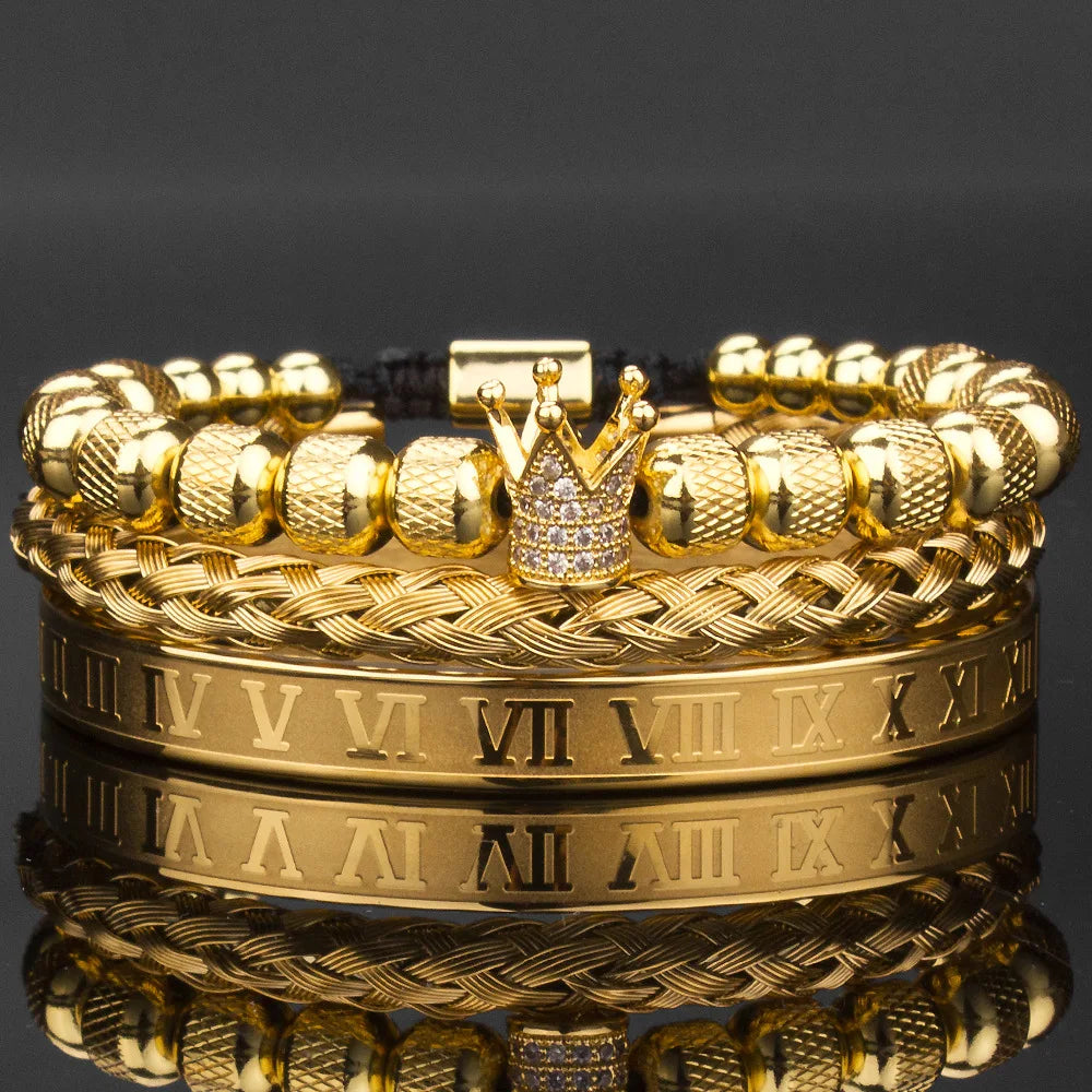 3pcs/Set Luxury Royal CZ King Crown Men Bracelets Roman Numeral Braided Adjustable Pulseira