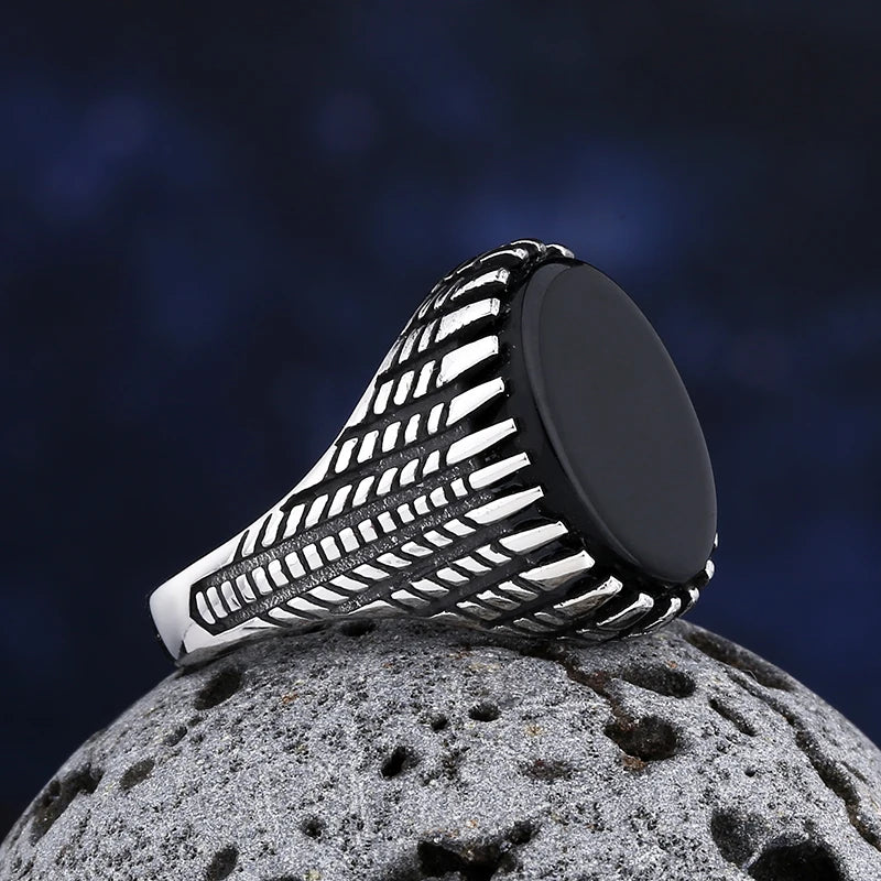 Trendy 316L Stainless Steel Gothic Accessories Black Gem Stone Ring For Man Wome Punk Charm Jewelry Couple&Wedding Gift