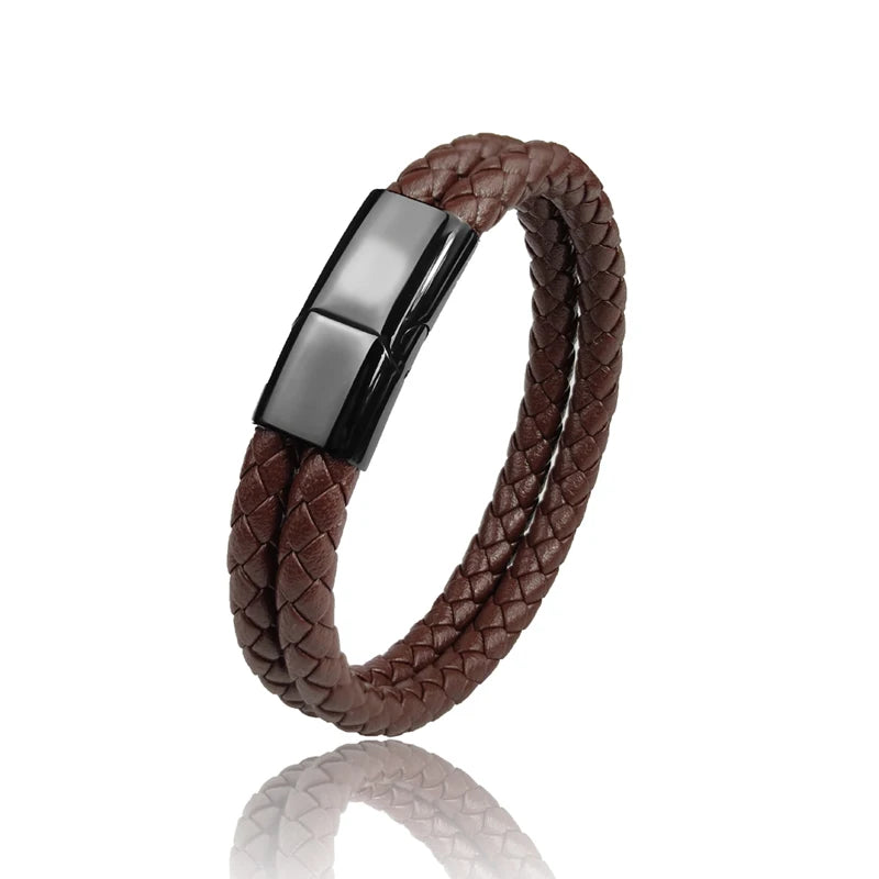 Double Leather Braided Charm Bracelet — Stainless Steel