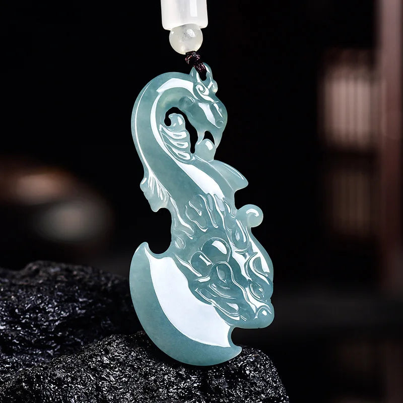 Natural Emerald Blue Water Dragon Phoenix Ax , Ice , Pendant for Men and Women, Jade Ornament