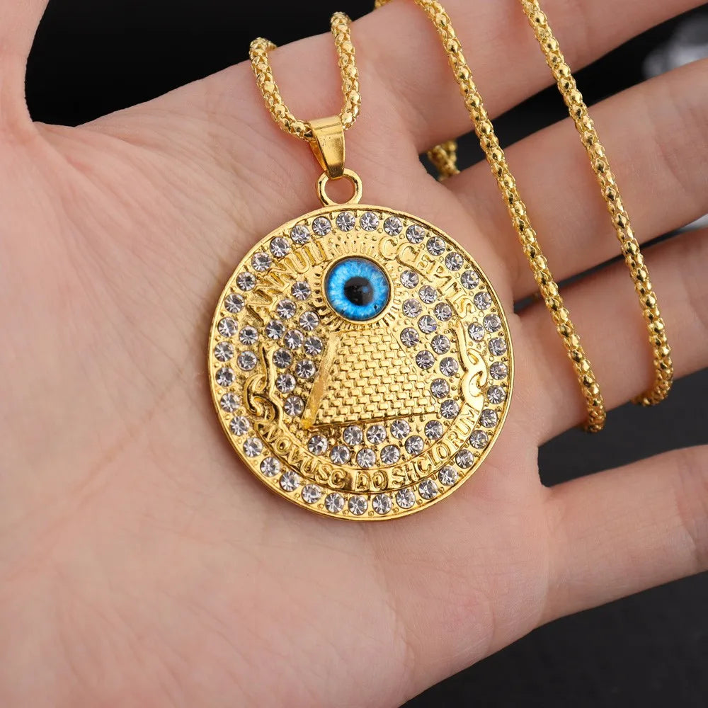 Iced Out Eye of Horus Pyramid Pendant Necklace — Gold-Tone