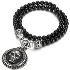 Men's Steampunk CZ Skull Face Head Pendant Necklace For Man 8MM Width 50CM Long Agate Stone Beads Chain Stainless Steel