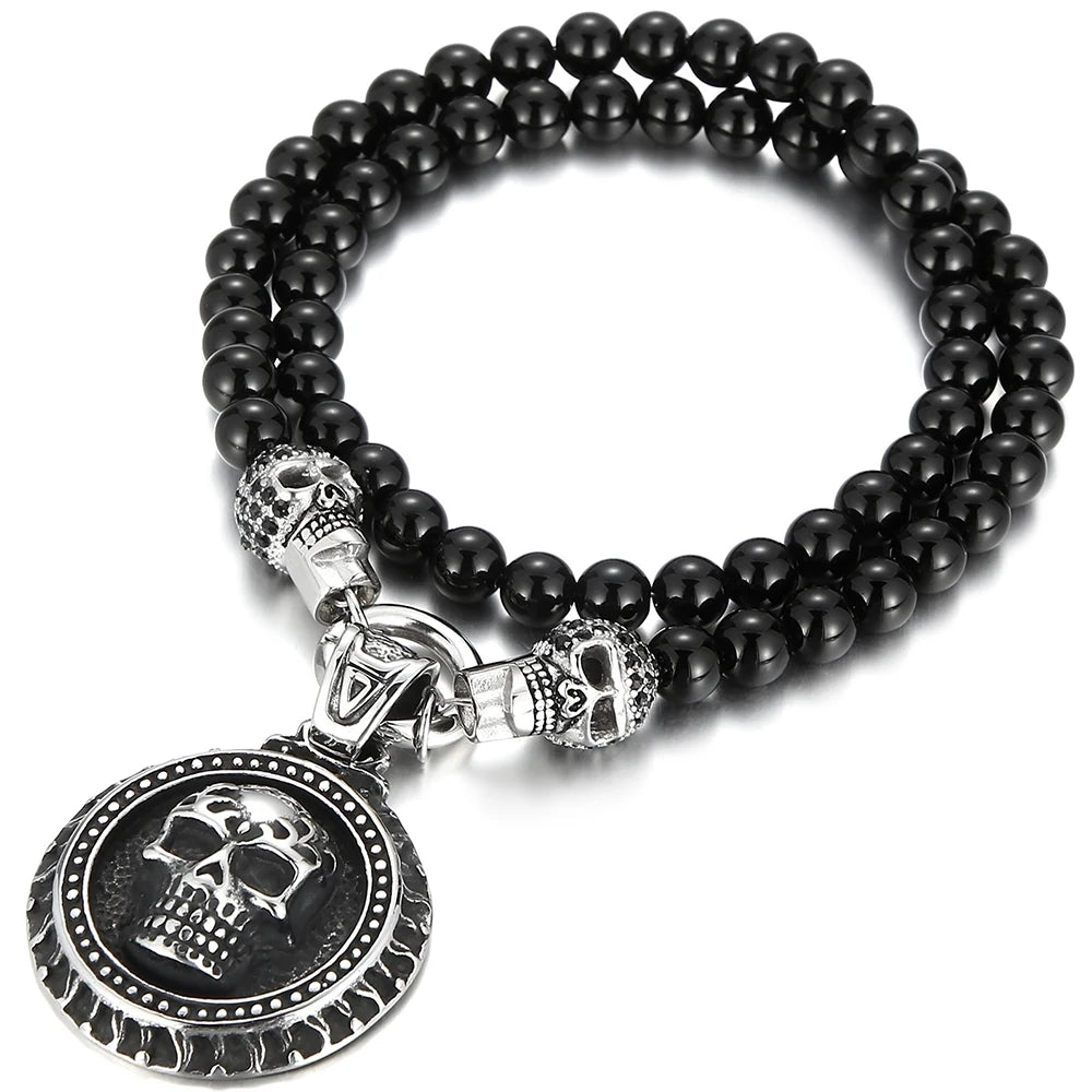 Men's Steampunk CZ Skull Face Head Pendant Necklace For Man 8MM Width 50CM Long Agate Stone Beads Chain Stainless Steel