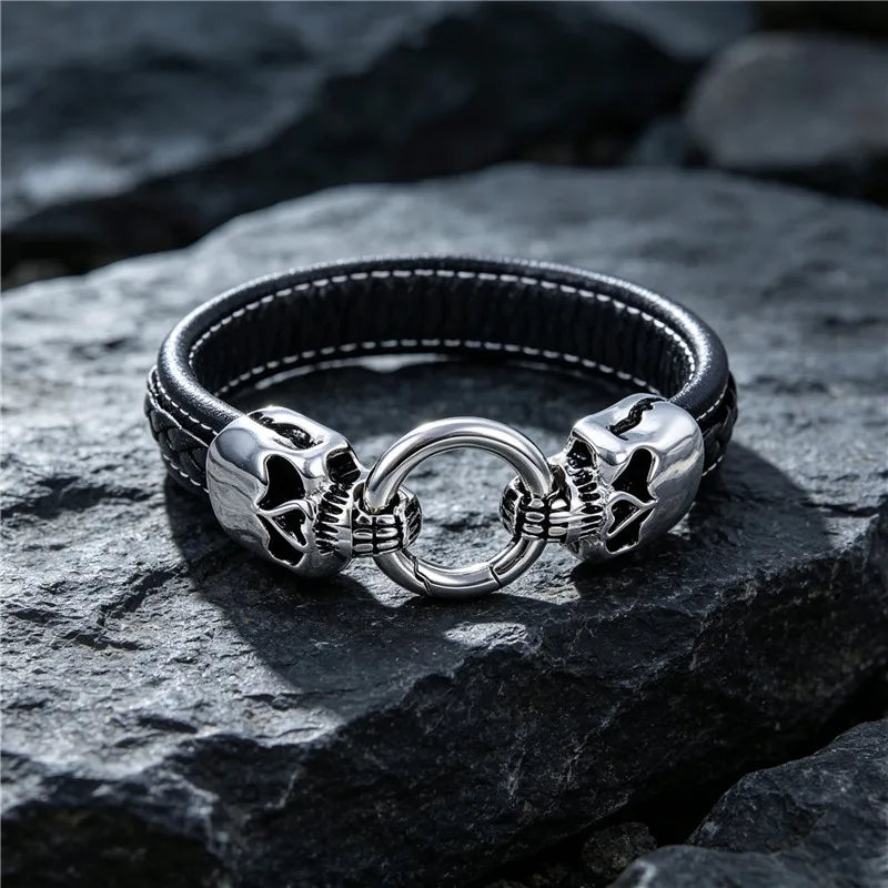 Gothic Double Skull Black Band Bracelet — Stainless Steel