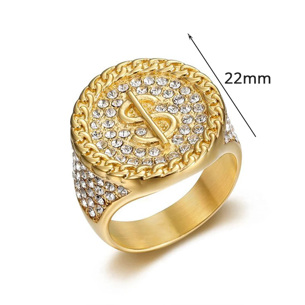 Hip Hop Iced Out Bling Dollar Signs Ring Male Gold Color Stainless Steel Rapper Big Round Money Rings For Men Party