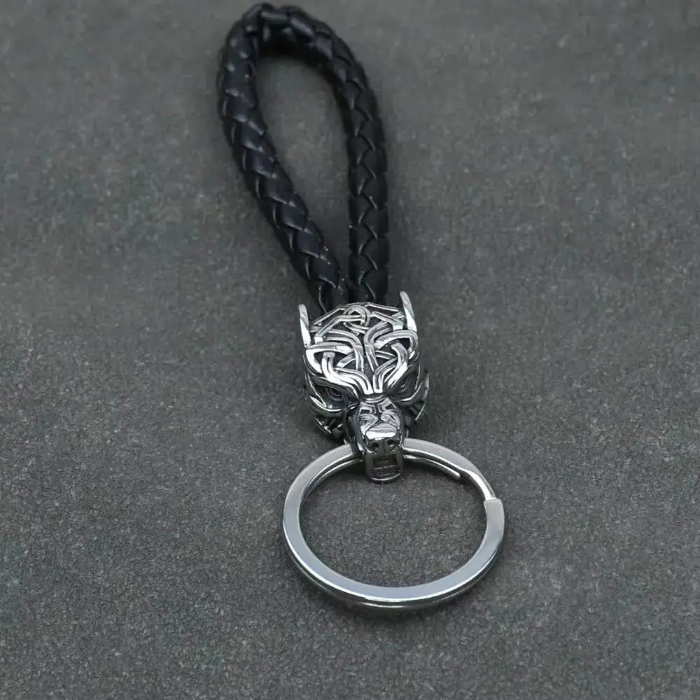 Vintage Wolf Head Keychains Viking Pendant Stainless Steel Wolf Keyring Male Black Leather Key Ring