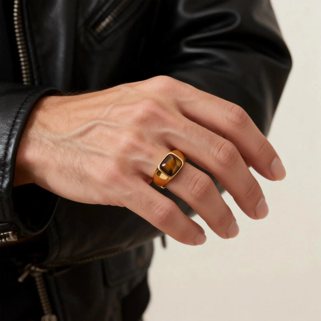 Gold Color Pinky Ring for Men Women,Stainless Steel Tiger Eye Stone Signet Ring,Dainty Chic Party Jewelry Gift