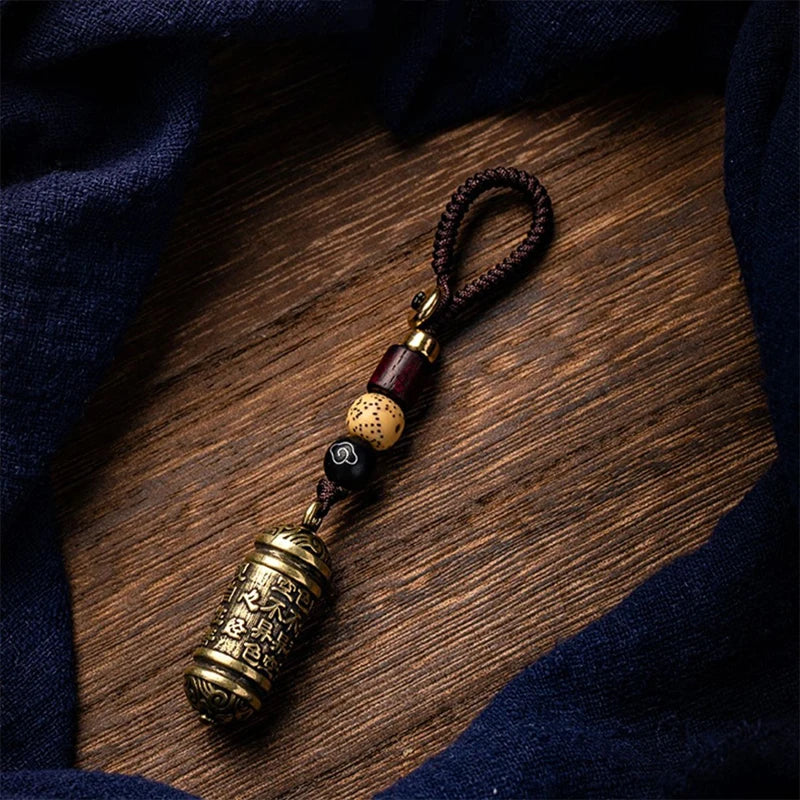 1Pcs Vintage Hollow Brass Buddha Bottle Sutra Cylinder Pendant Car Keychain Lucky Hangings Leather Bag Lanyard Key Ring