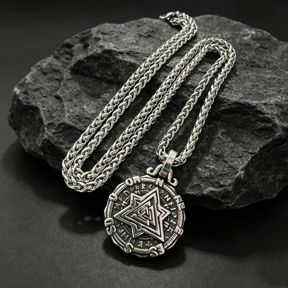 HNSP 316L Stainless Steel Viking Valknut Vegvisir Pendant Necklace For Men Vintage Double‑Sided Rune Compass Amulet