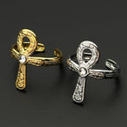 Egyptian Ankh Cross Key Of Life Adjustable Open Rings for Women Men Stainless Steel Rune Finger Ring Rhinestone Amulet