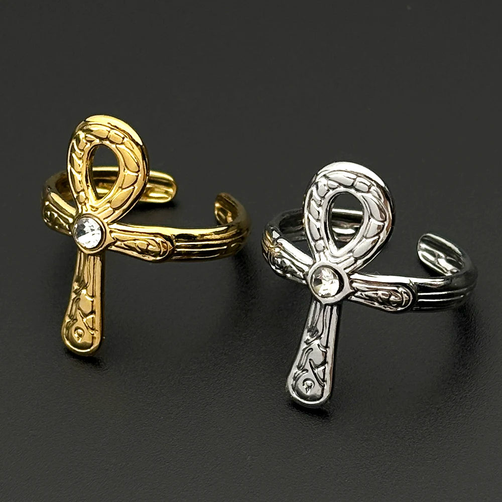 Egyptian Ankh Cross Key Of Life Adjustable Open Rings for Women Men Stainless Steel Rune Finger Ring Rhinestone Amulet
