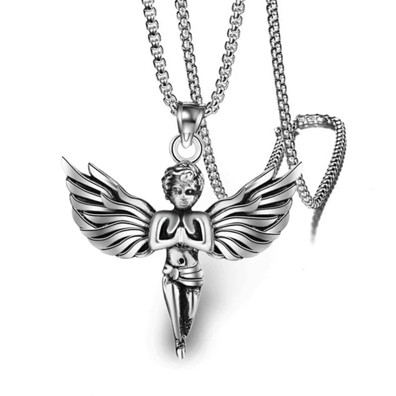 Silver Angel Wing Feather Pendant Necklace