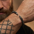Viking Odin’s Ravens Head Bracelet Stainless Steel Twisted Open Cuff Norse Mythology Amulet Wristband for Men with wood box