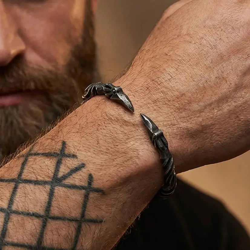 Viking Odin’s Ravens Head Bracelet Stainless Steel Twisted Open Cuff Norse Mythology Amulet Wristband for Men with wood box
