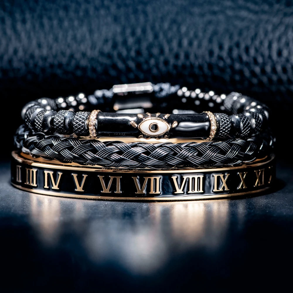 Luxury Set Enamel Eye Bracelet Roman Bracelet Royal Crown Charm Men Stainless Steel Geometry Pulseiras Open Adjustable