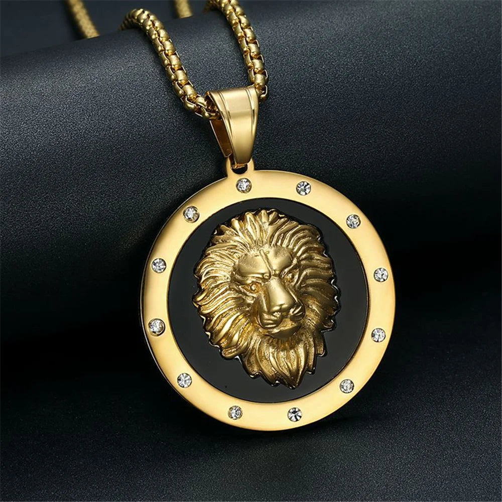 Punk Big Round Lion Head Pendant Male Gold Color Stainless Steel CZ Animal Necklaces For Men Fashion Party Jewelry Gift 2025
