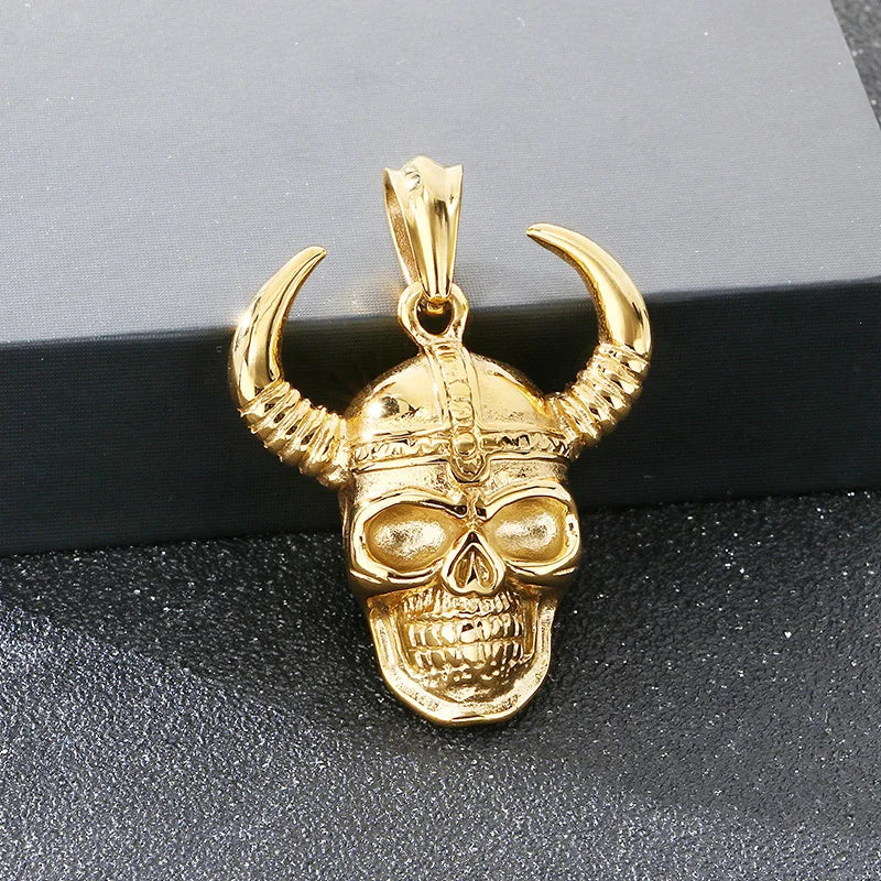 Gothic Bull Horn Skull Pendant Necklace — Stainless Steel