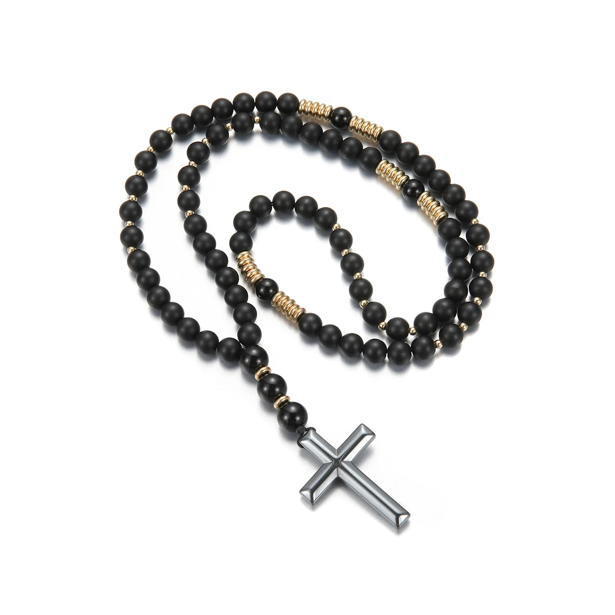 Black Bead Gold Spacer Cross Pendant Necklace — Two-Tone
