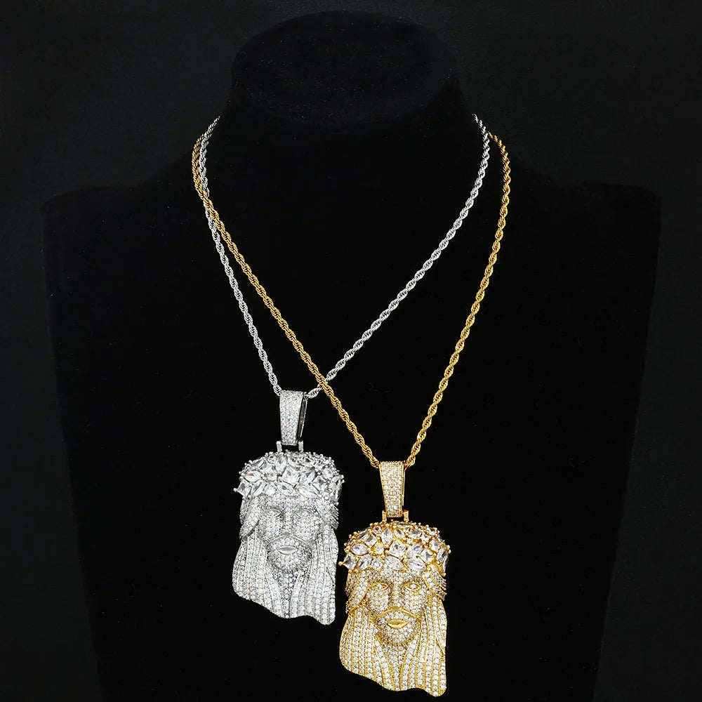 Gold Jesus Face Pendant Necklace Iced Out 18K