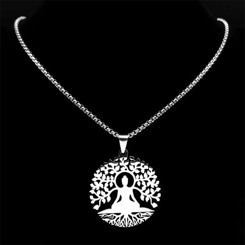 Buddhism Meditation Buddha Yoga Pendant Necklace Stainless Steel Tree of Life Buddhist Chakras Reiki Chain Jewelry Collar