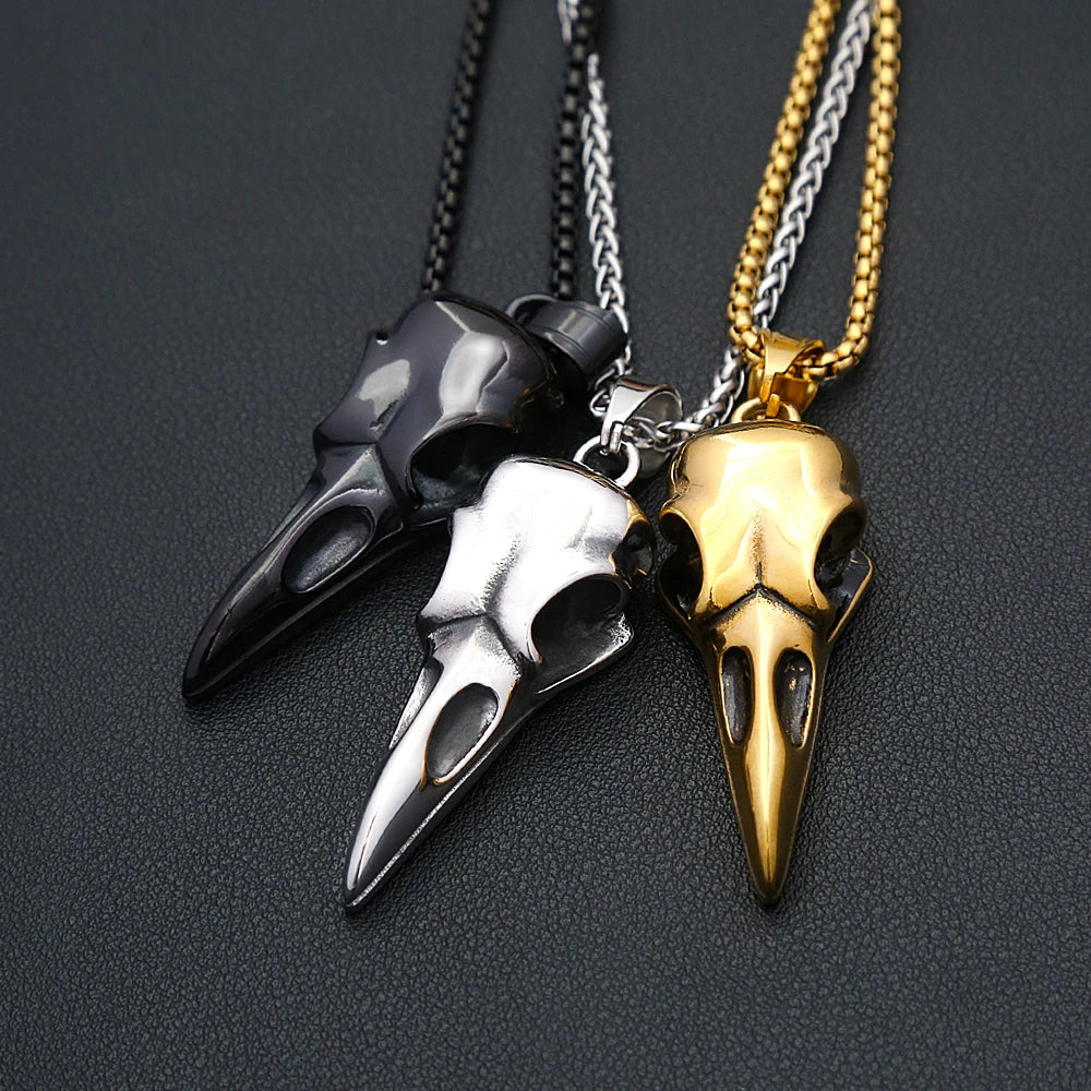 Viking Vintage Raven Skull Necklace Stainless Steel Odin Crow Pendant For Men Women Nordic Amulet Jewelry Gifts