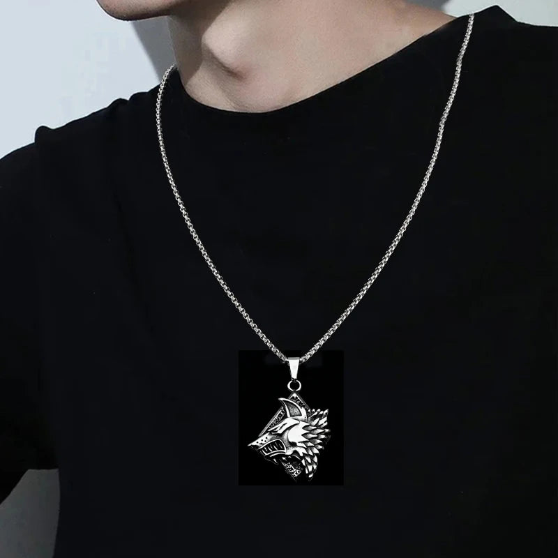 Vintage Silver Wolf Head Pendant Necklace