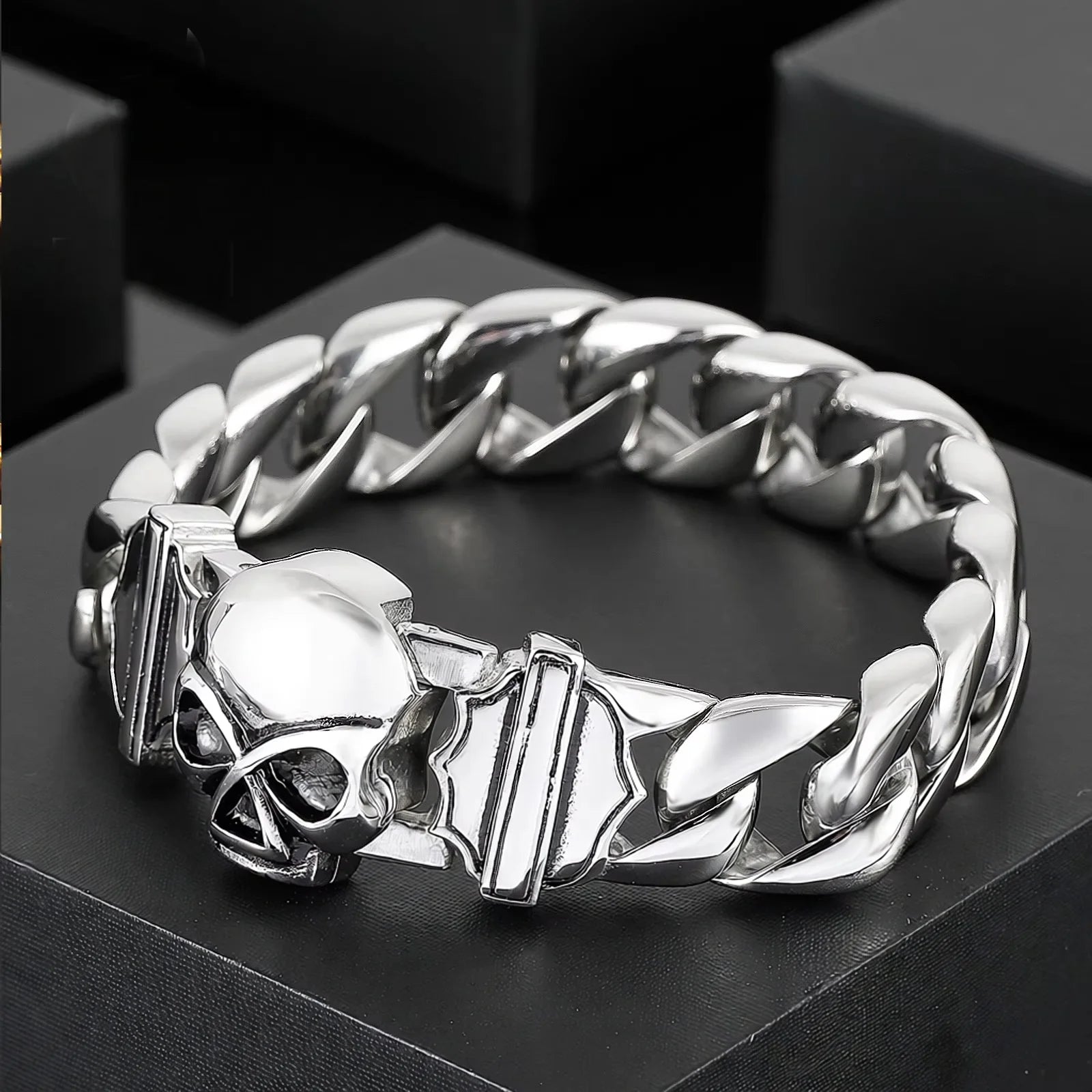 Fongten 22cm Skull Cuban Chain Bracelets For Men Stainless Steel Skeleton Curb Men Bangle Bracelet Gothic Jewelry Christmas