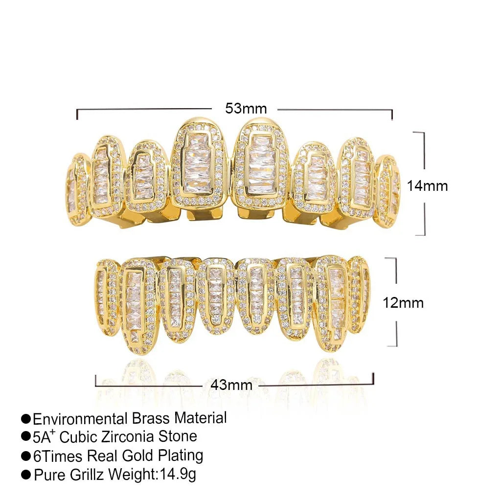 Iced Out Grillz Teeth Set Top & Bottom Hip Hop Pave Baguette CZ Dental Grills Gold Silver Color Party Cosplay Jewelry