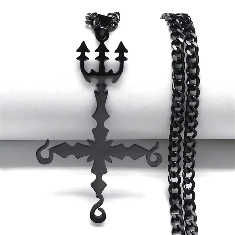 666 Inverted Cross Trident Necklace — Silver