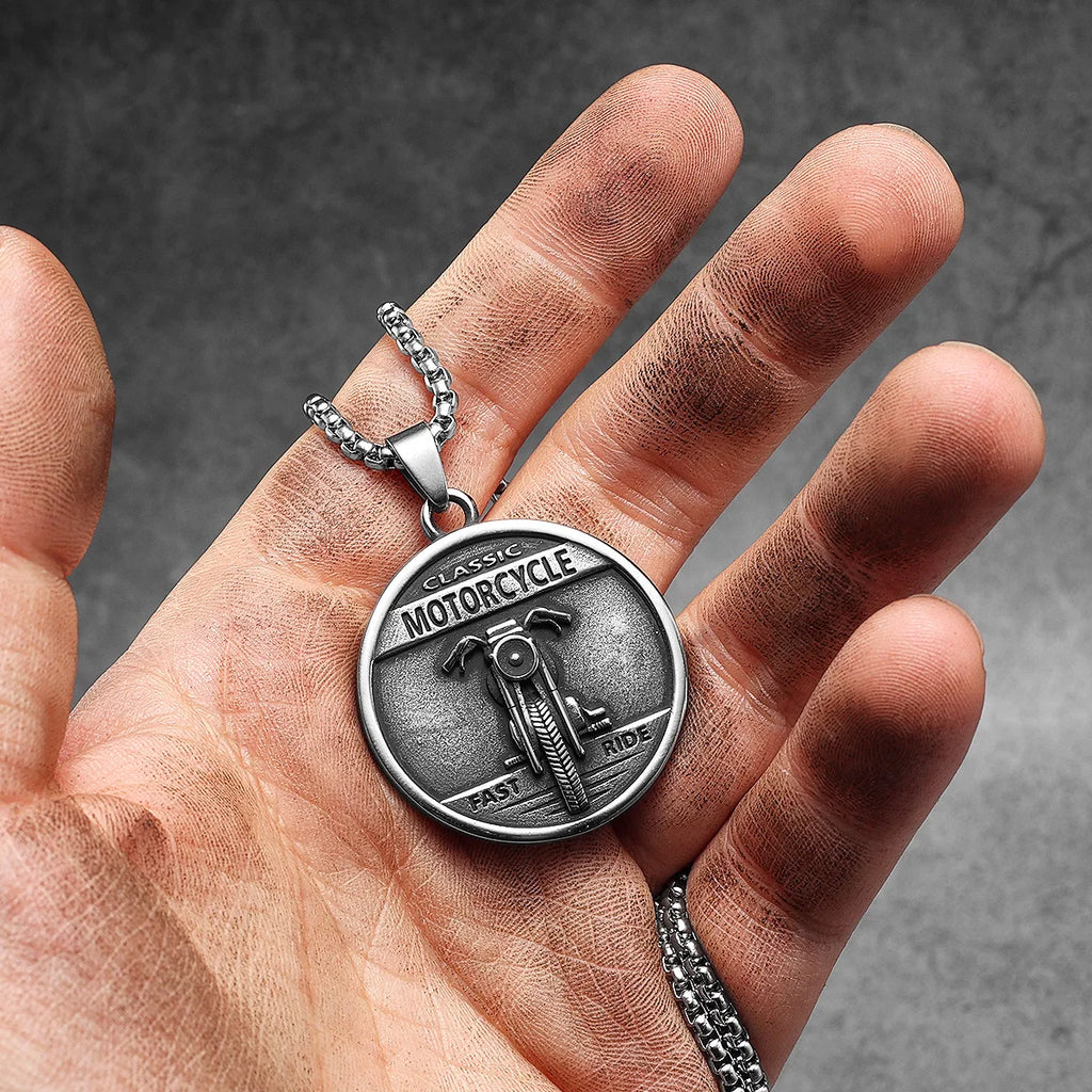 Skull Motorcycle Rider Pendant — Stainless Steel