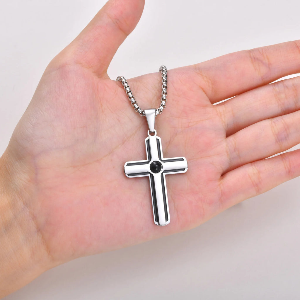 Vnox Men Cross Necklace, Stainless Steel Black Onyx Enamel Cross Pendant, 60cm Box Chain Religious Faith Jewelry Gift