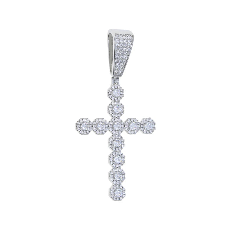 New Iced Out Bling CZ Cross Pendant Necklace Silver Color Prong Setting Cubic Zirconia Jesus Charm Men Women Hip Hop