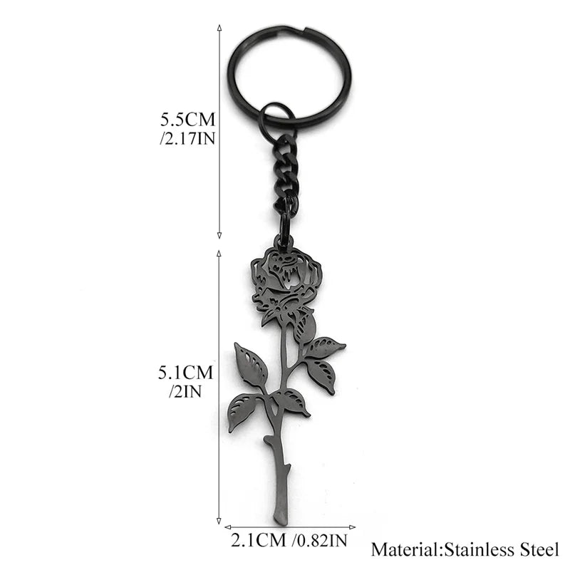 Rose Flower Silver Pendant Keychain — Stainless Steel