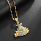 Gold Iced Out Money Bag Pendant Rope Chain