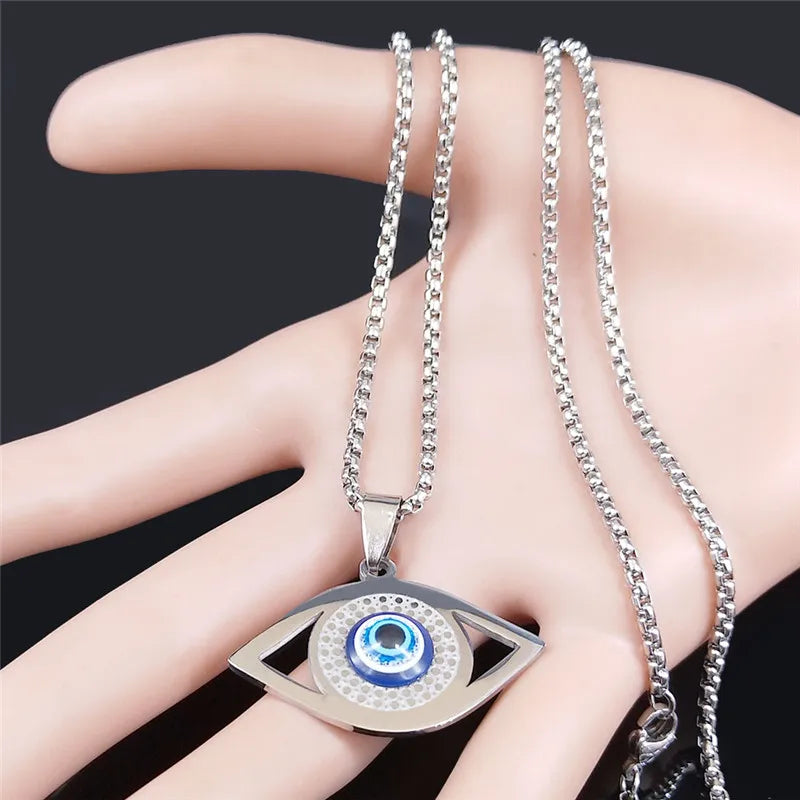 Hamsa Evil Eye Pendant Necklace — Stainless Steel