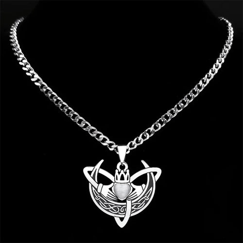 Claddagh Heart Celtic Knot Steel Pendant Crescent Moon