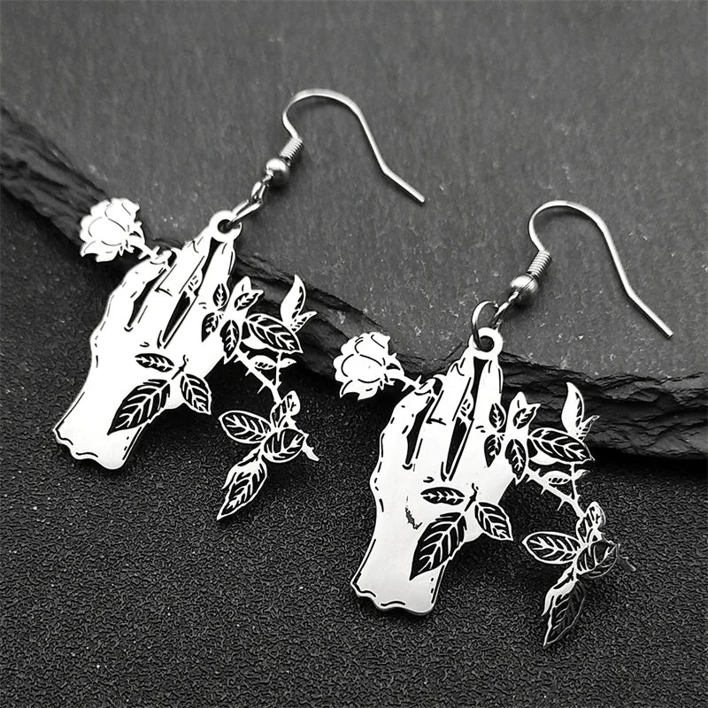 Gothic Silver Earrings Punk Rose Hand Hoop Elegant