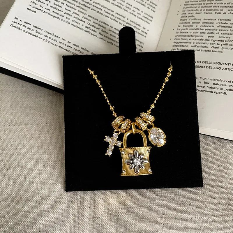 Lace Craft Running Ring Cross Pendant Lock Bag Necklace Luxury Premium Feel Collarbone Chain Niche New Sweater Chain
