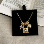 Lace Craft Running Ring Cross Pendant Lock Bag Necklace Luxury Premium Feel Collarbone Chain Niche New Sweater Chain