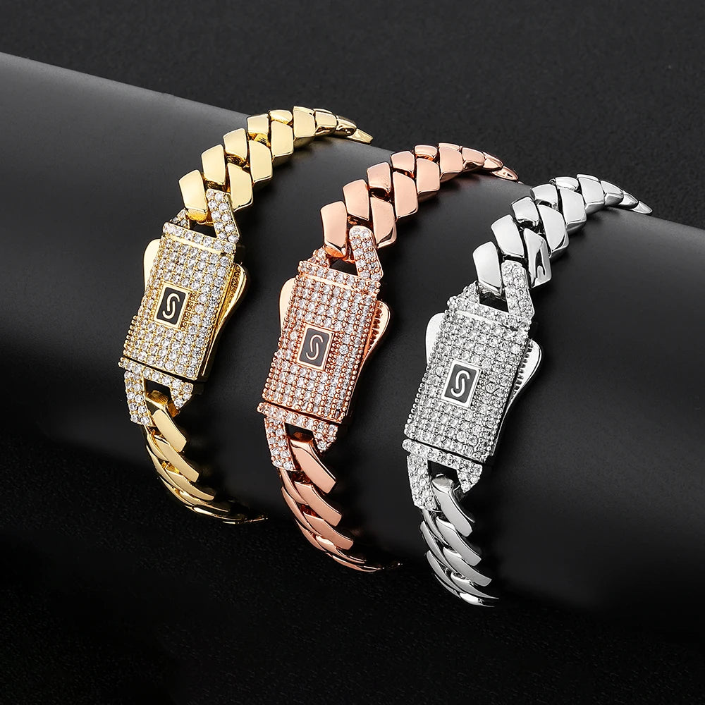 HHIOK Gold Silver Rose Gold Miami Cuban Link Bracelet Men Copper Zircon Iced Out Box Clasp Hip Hop Jewelry