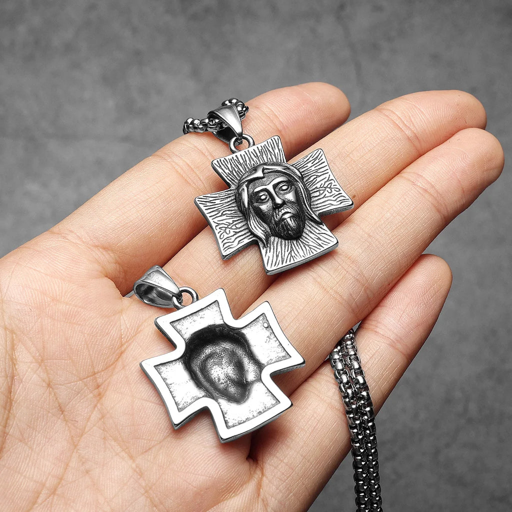Jesus Face Cross Pendant Necklace for Men — Stainless Steel