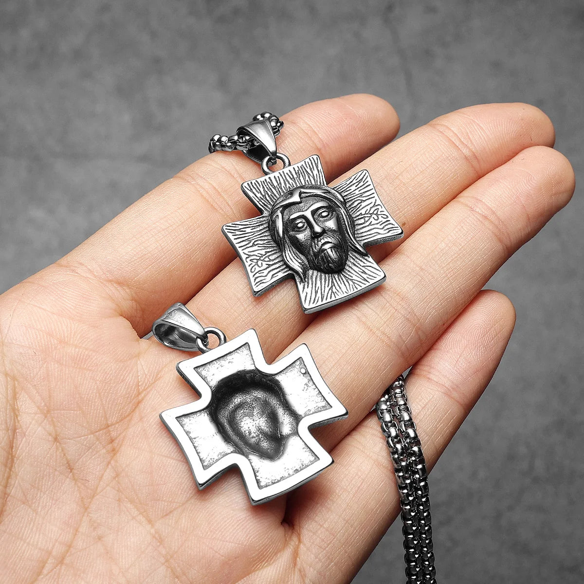 Jesus Face Cross Pendant Necklace for Men — Stainless Steel